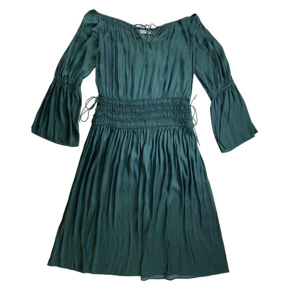 Eva Mendes‎ Teal Off-Shoulder Midi Dress Bell Sleeves Medium Gypsy Boho Hippie - Picture 1 of 5